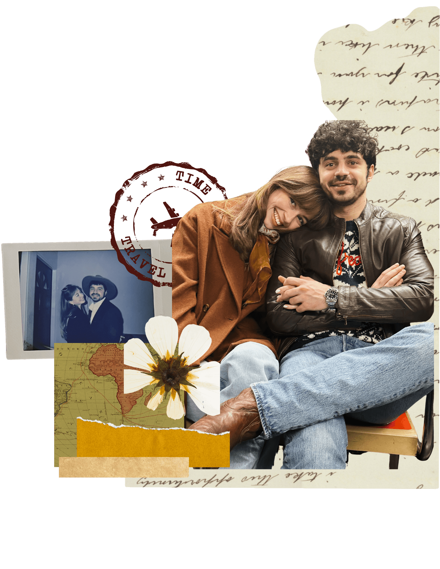 Layered travel collage of Giulio and Sophie with a polaroid, map, flower and postmark