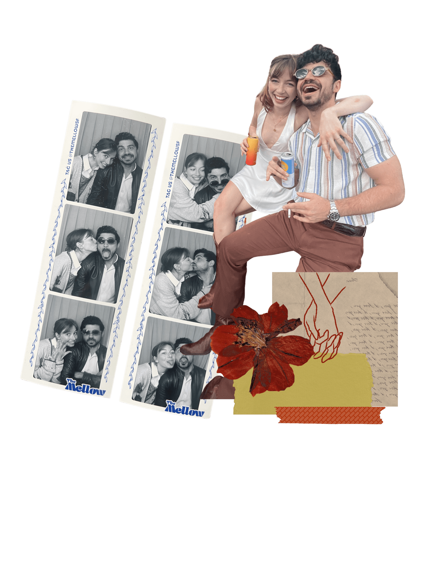 Layered collage of Giulio and Sophie laughing, with photobooth strips, a pressed flower and a handwritten love letter