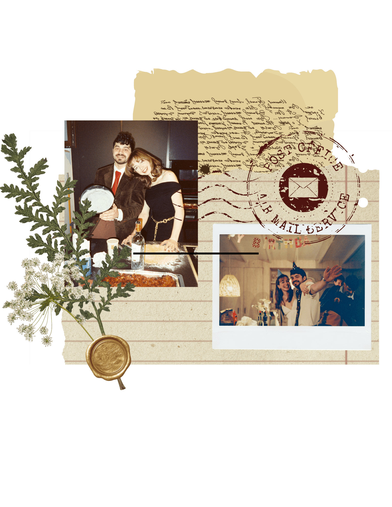 A scrapbook collage of Giulio and Sophie cooking together, with pressed greenery, a wax seal, an air-mail postmark and a birthday polaroid