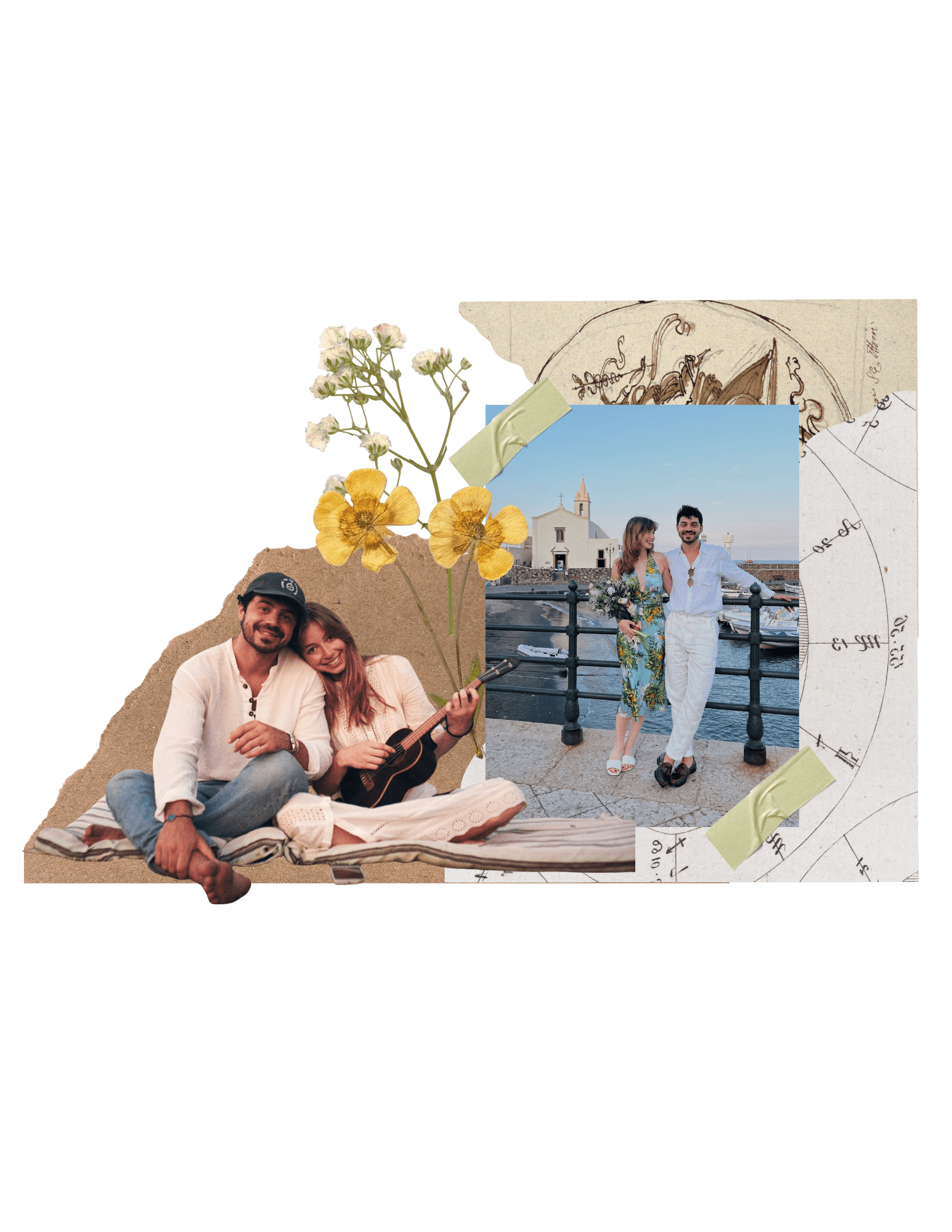 A scrapbook collage of Giulio and Sophie in front of a Sicilian harbour church, with pressed olive leaves, a torn book page and washi tape