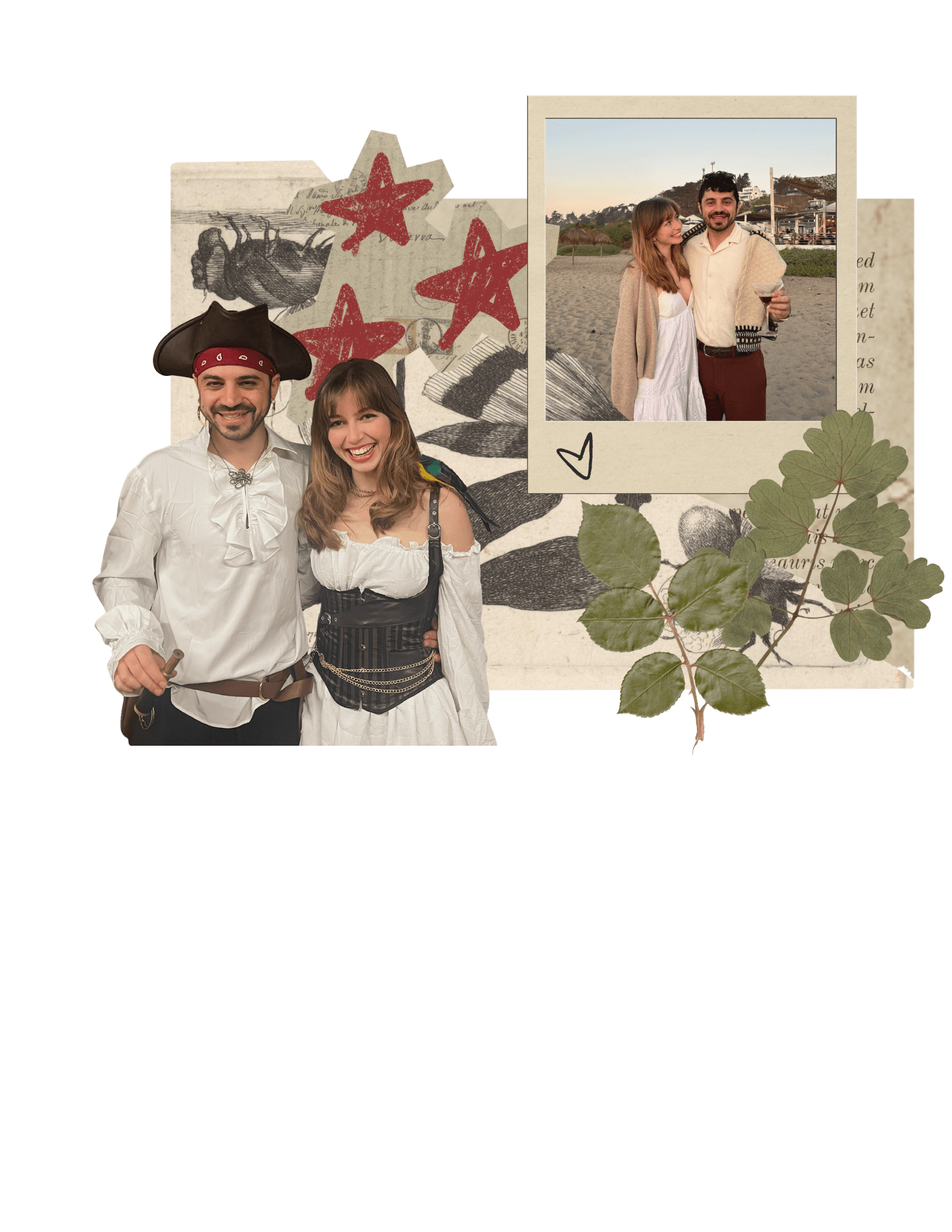 Layered collage of Giulio and Sophie in pirate costume beside a beach polaroid, with red ink stars and a pressed leaf