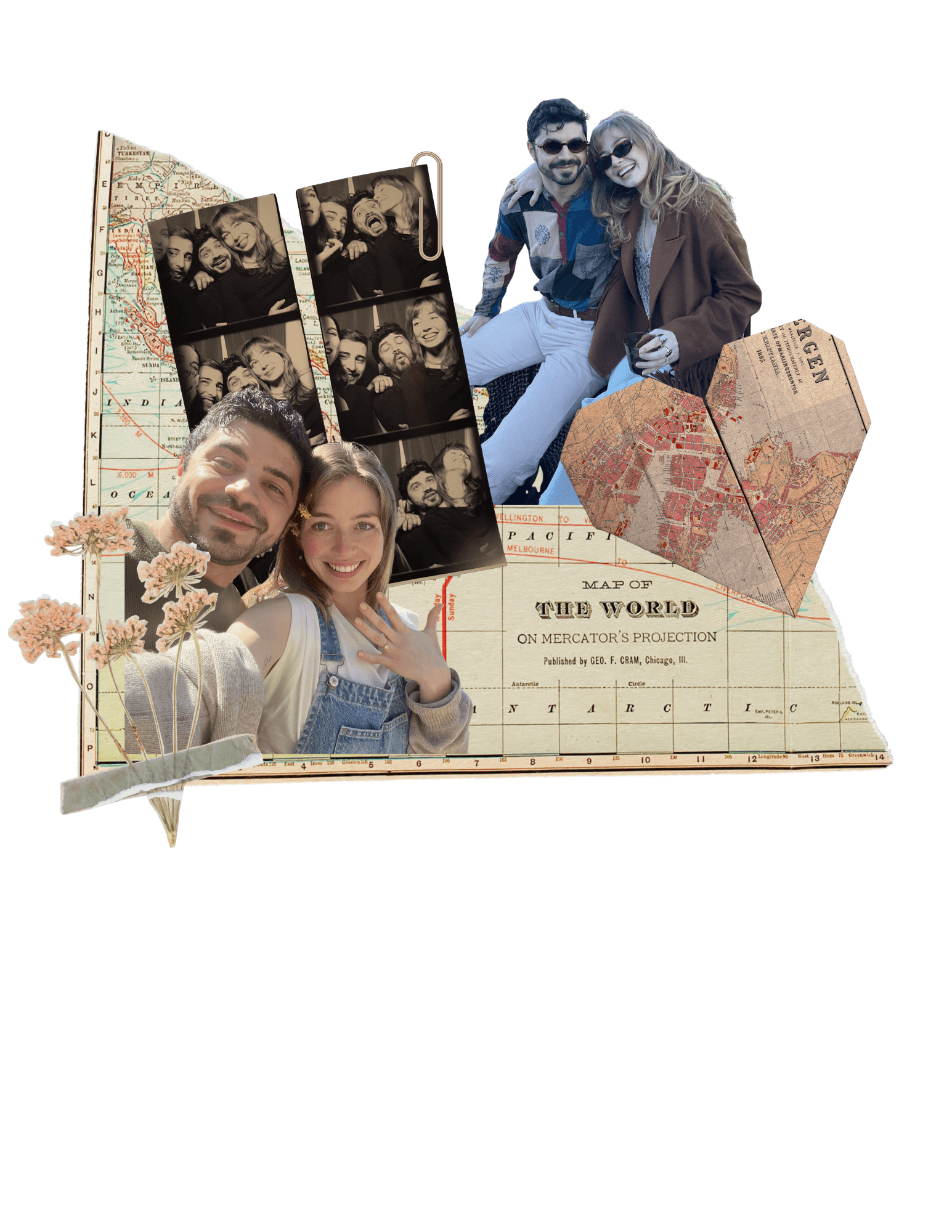 A scrapbook collage of Giulio and Sophie with a photobooth strip, an old world map and a paper heart cut from a city map