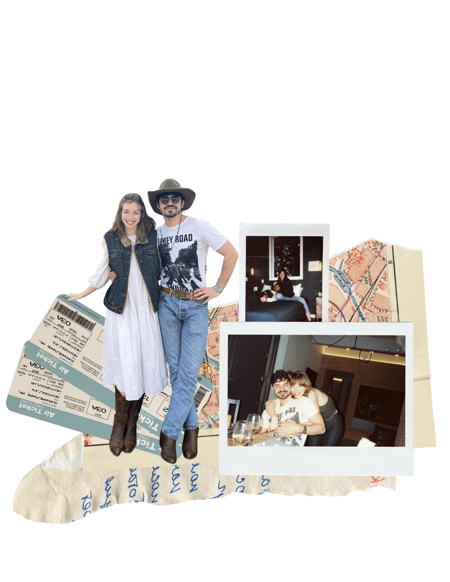 Layered travel collage of Giulio and Sophie in a cowboy hat, with air tickets, polaroids and a torn map