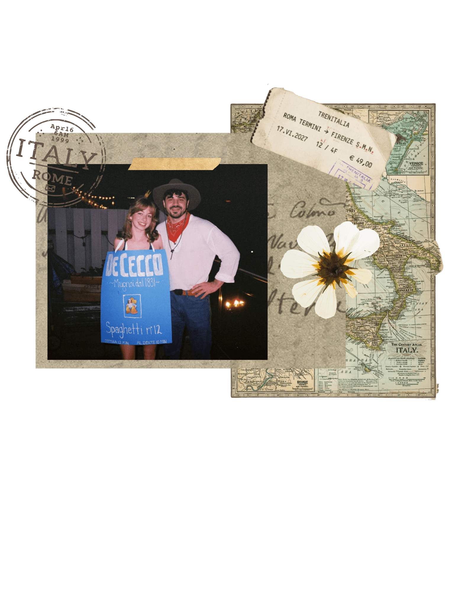 A scrapbook collage of Giulio and Sophie at a party with a Trenitalia ticket, a vintage map of Italy and a pressed flower