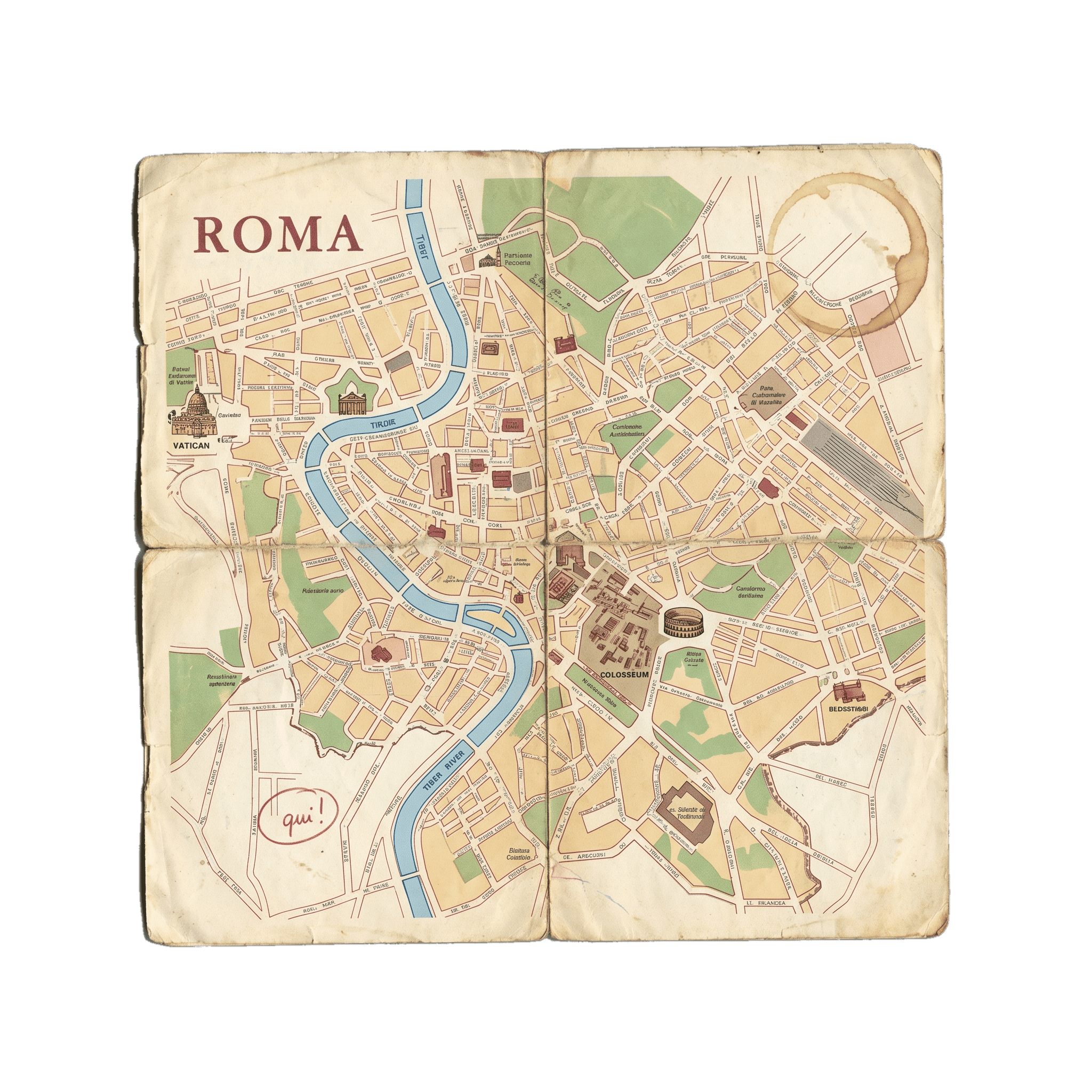 A vintage folded tourist map of Roma with a red pen mark
