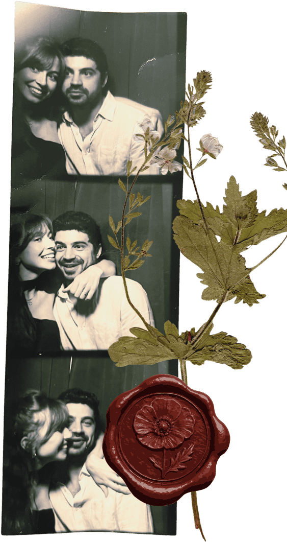 Photobooth strip of Giulio and Sophie with pressed flowers and a wax seal